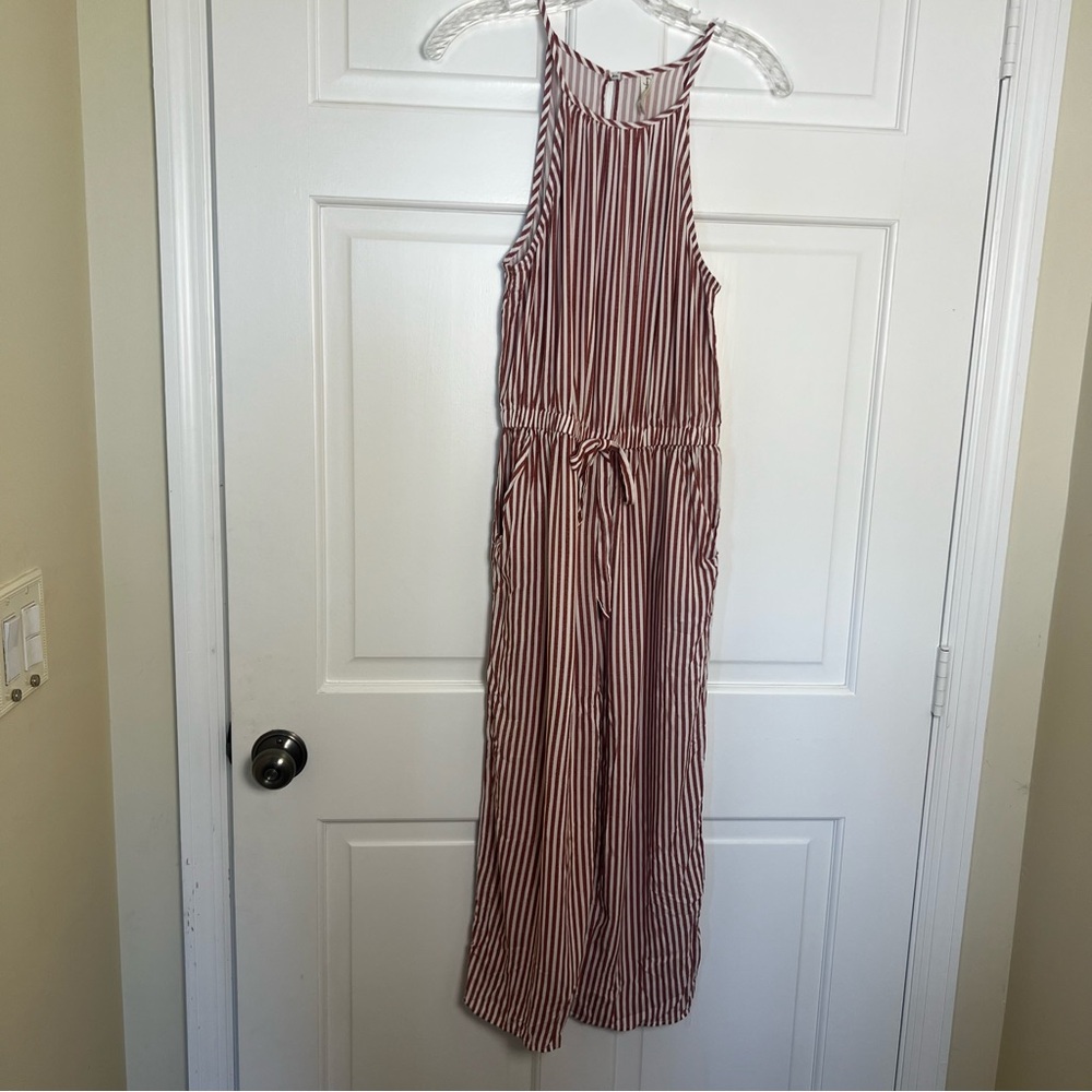 Kingston Grey Orange White Striped Tie Waist Casual Jumpsuit Sz Large‎ Pockets